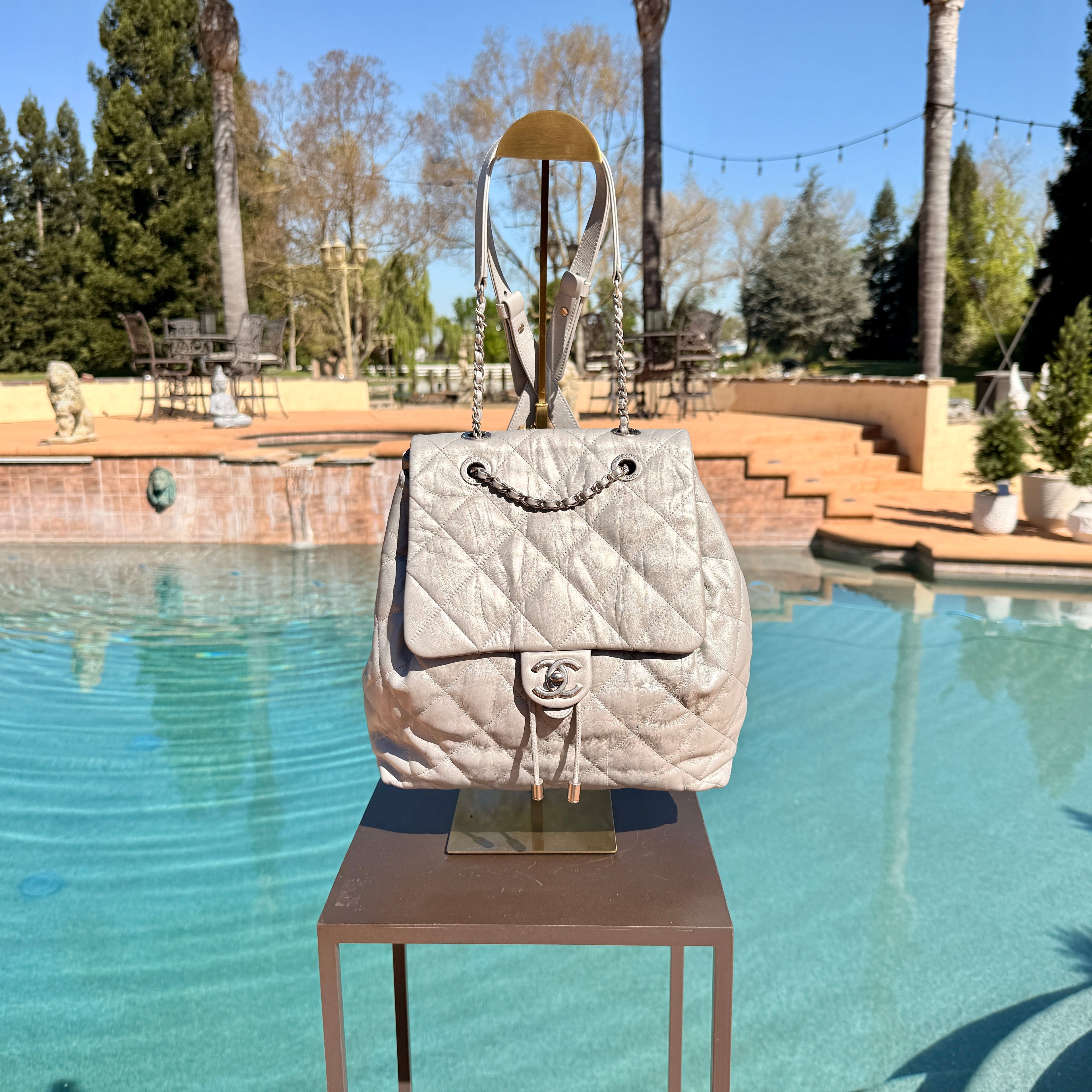 Chanel Backpack with Silver Hardware Crumpled Leather Medium