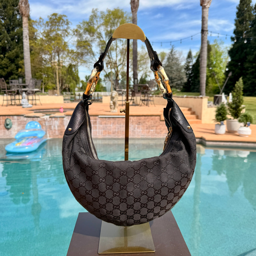 Gucci Vintage Half Moon GG Canvas Hobo with Gold Bamboo Hardware