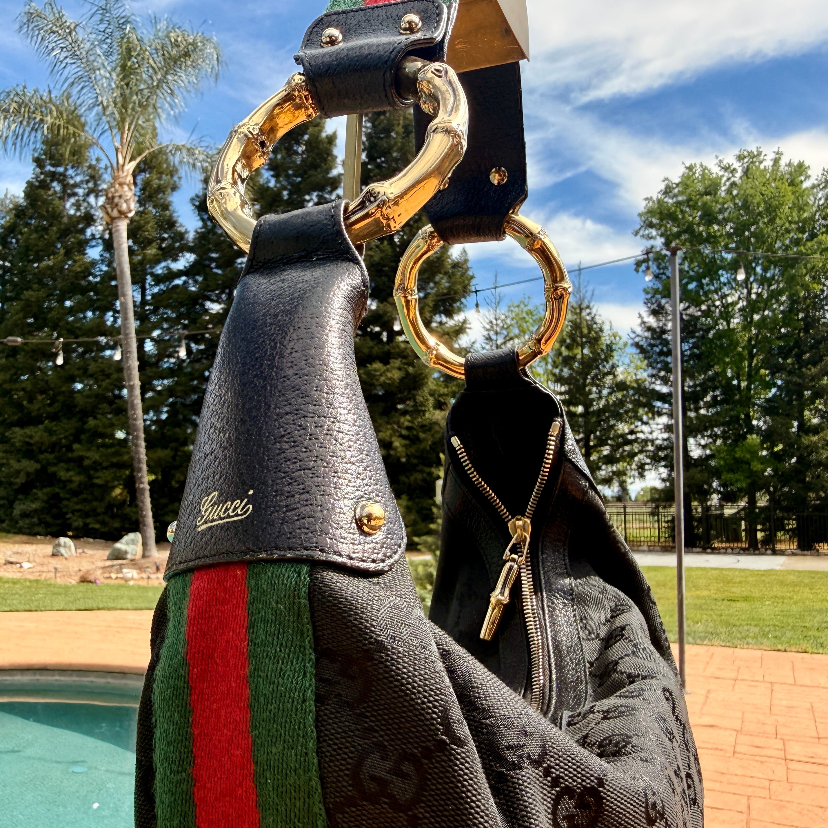 Gucci Vintage Half Moon GG Canvas Hobo with Gold Bamboo Hardware