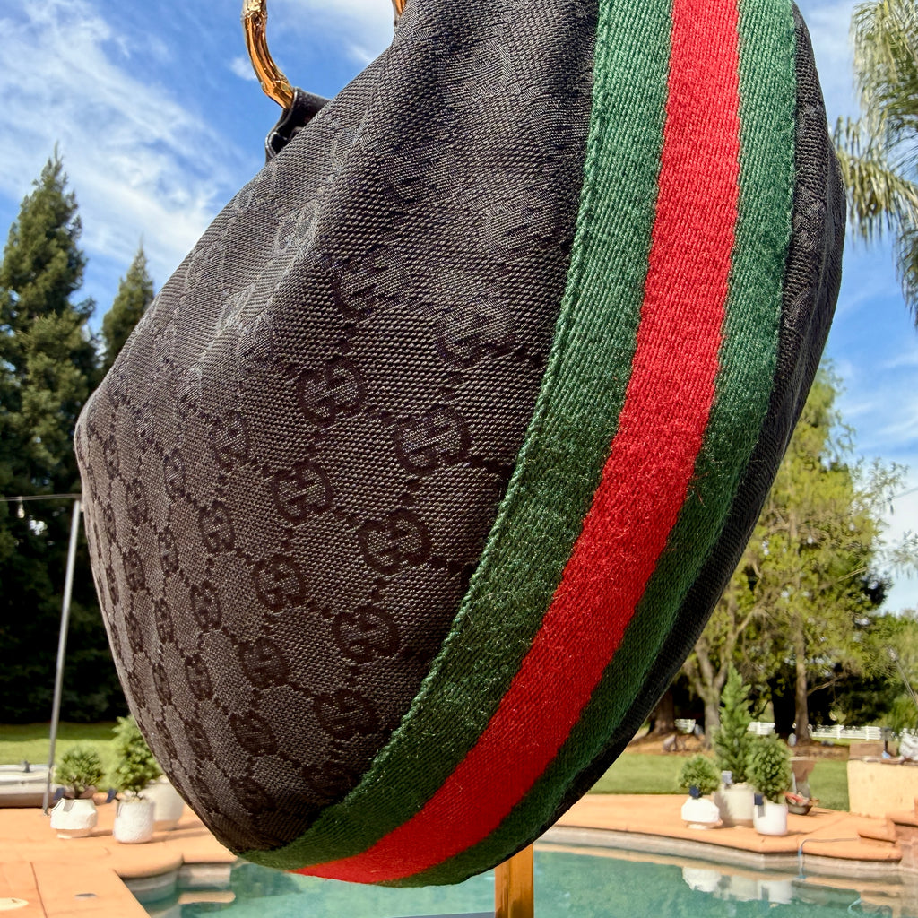 Gucci Vintage Half Moon GG Canvas Hobo with Gold Bamboo Hardware