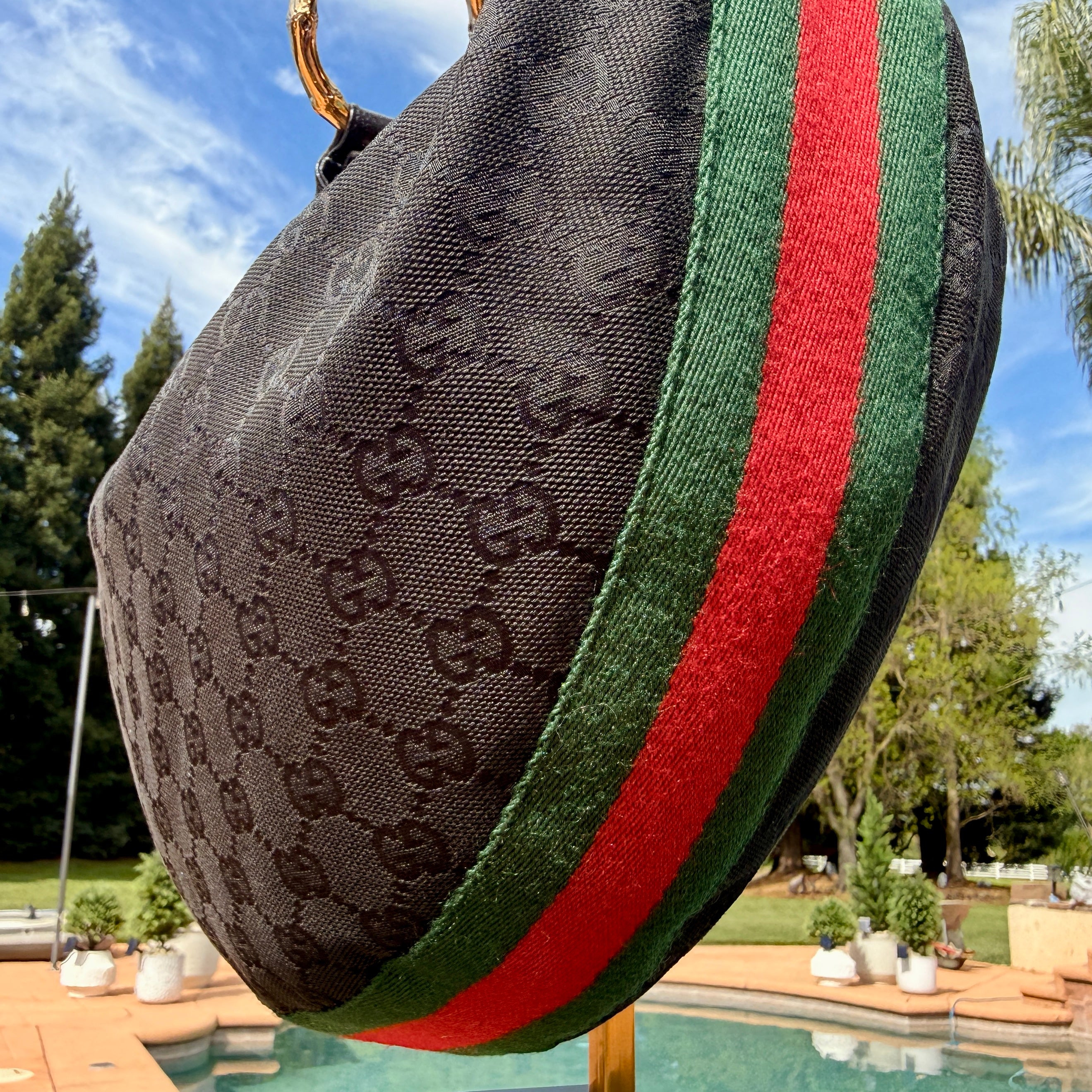 Gucci Vintage Half Moon GG Canvas Hobo with Gold Bamboo Hardware