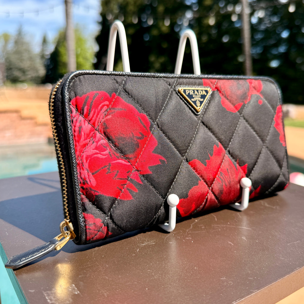 Prada Red Flower Quilted Zippy Wallet