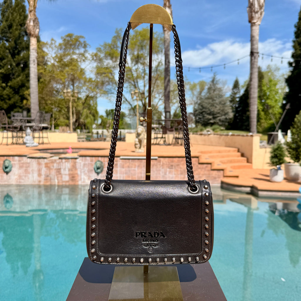 Prada Studded Glace Calfskin Crossbody Bag with Gunmetal Hardware