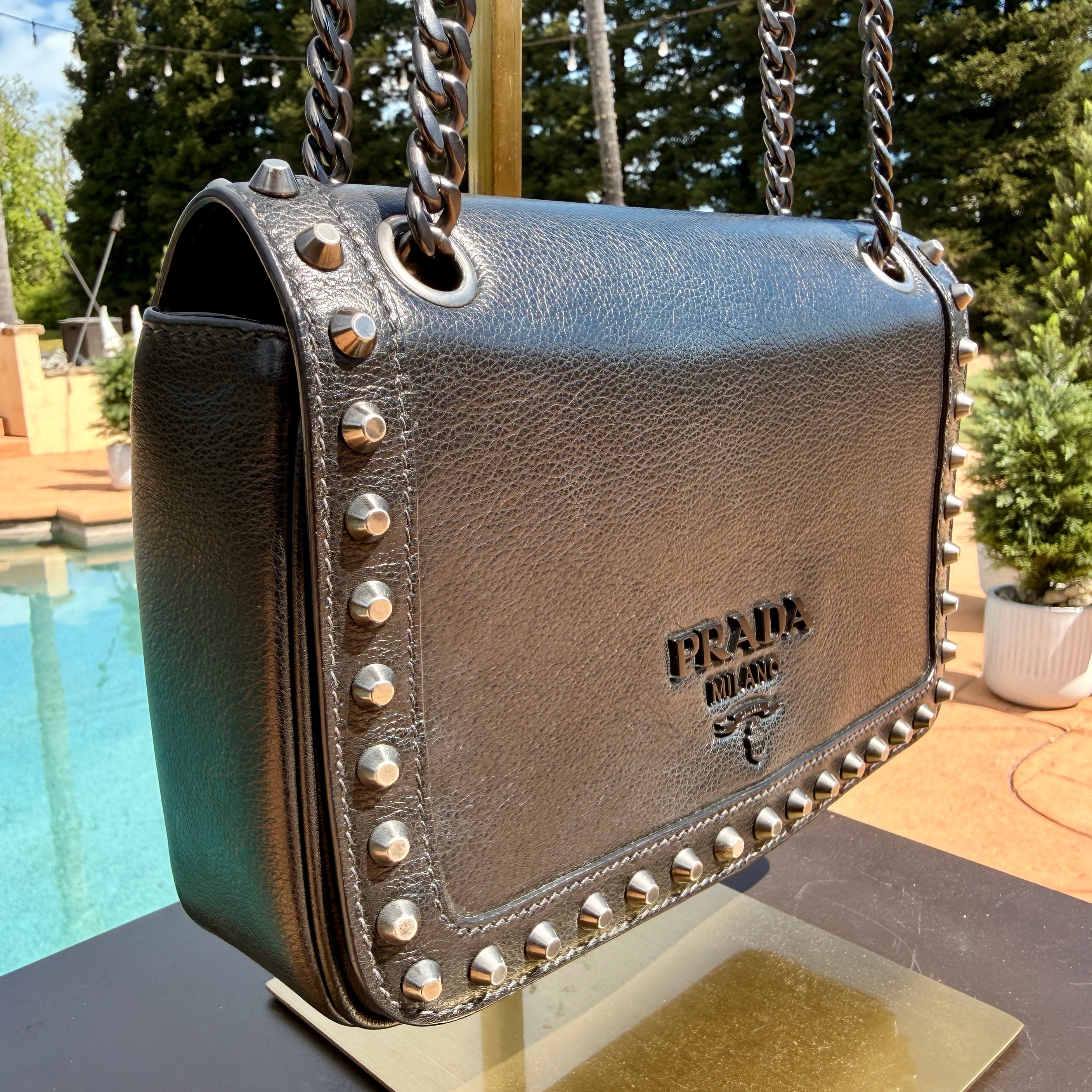 Prada Studded Glace Calfskin Crossbody Bag with Gunmetal Hardware