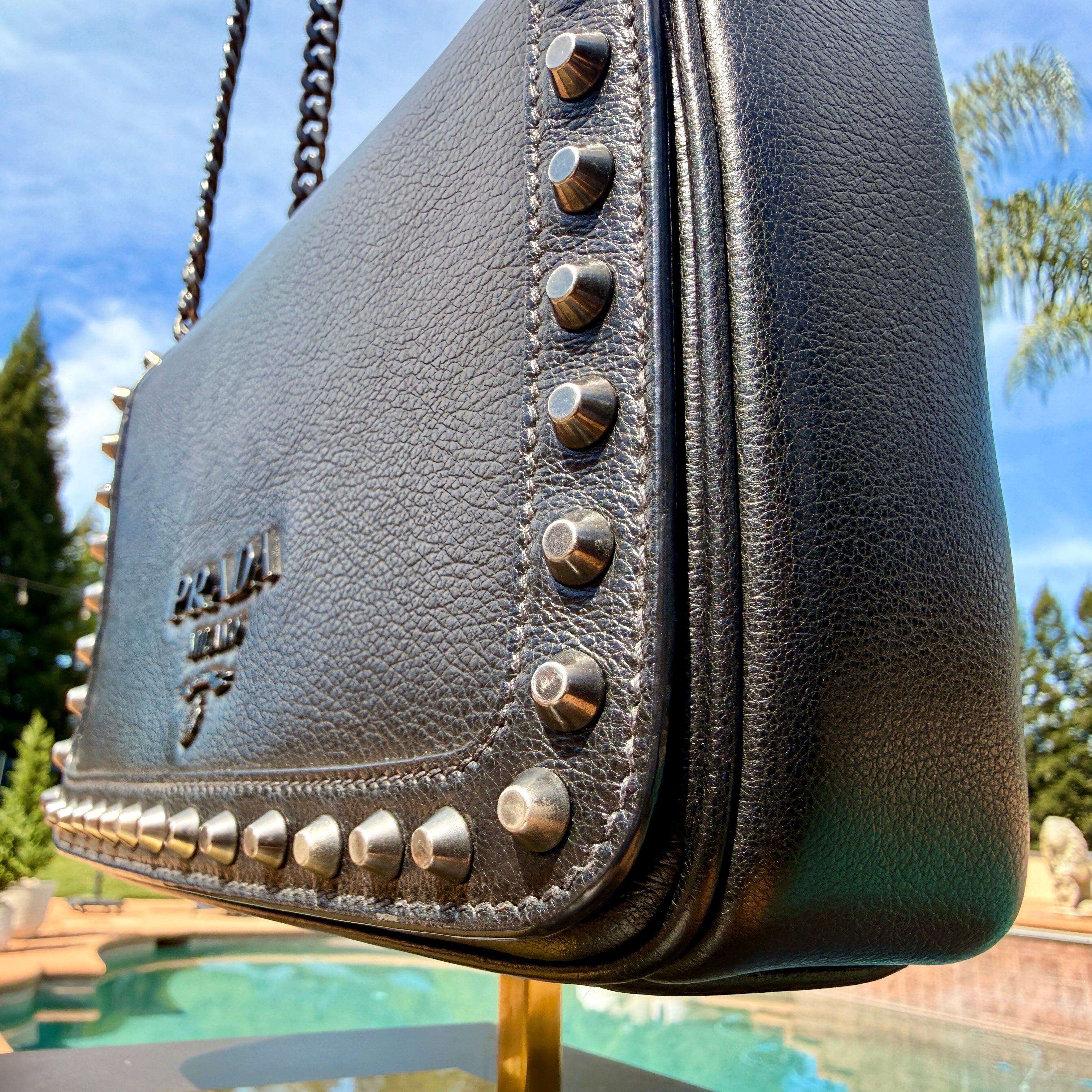 Prada Studded Glace Calfskin Crossbody Bag with Gunmetal Hardware