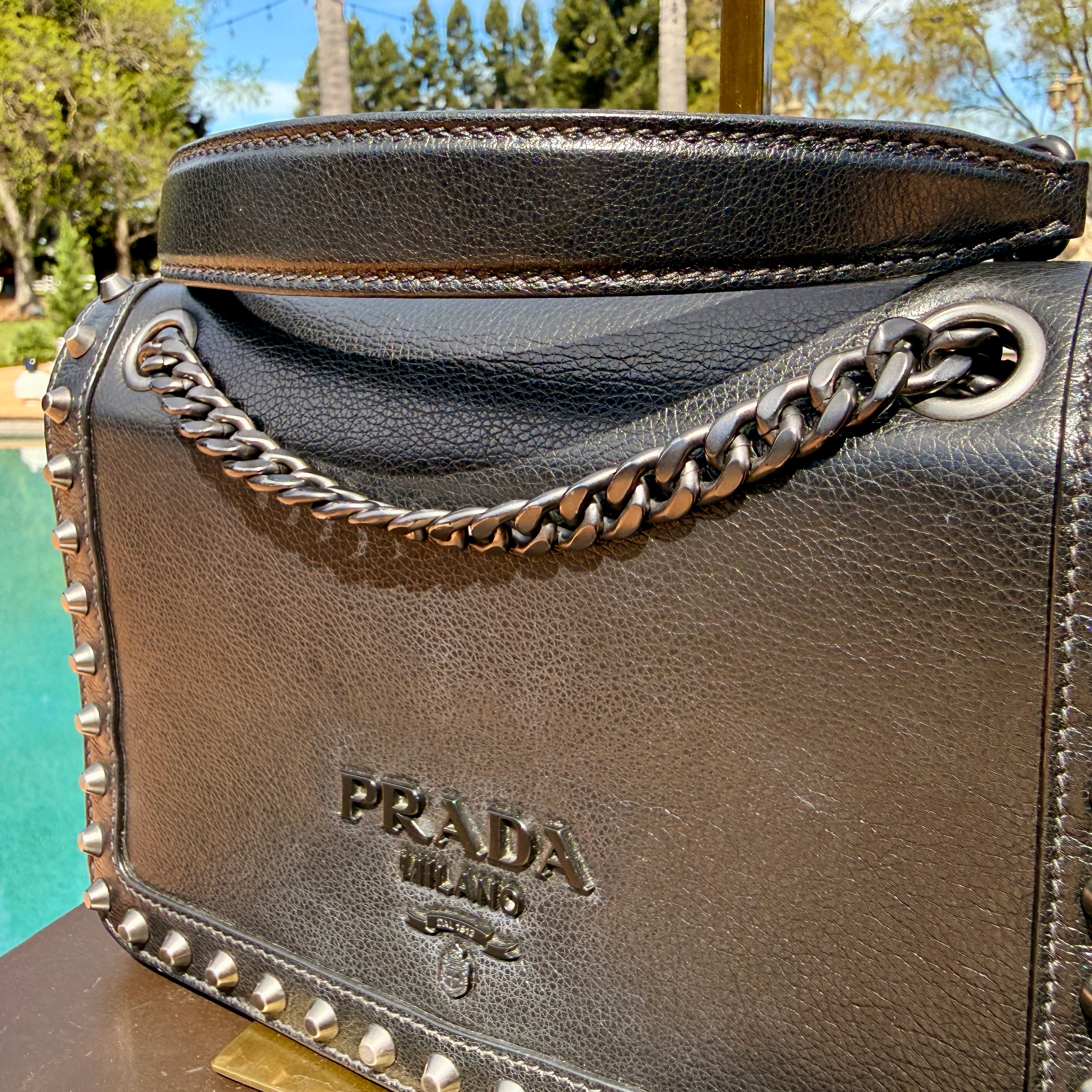 Prada Studded Glace Calfskin Crossbody Bag with Gunmetal Hardware