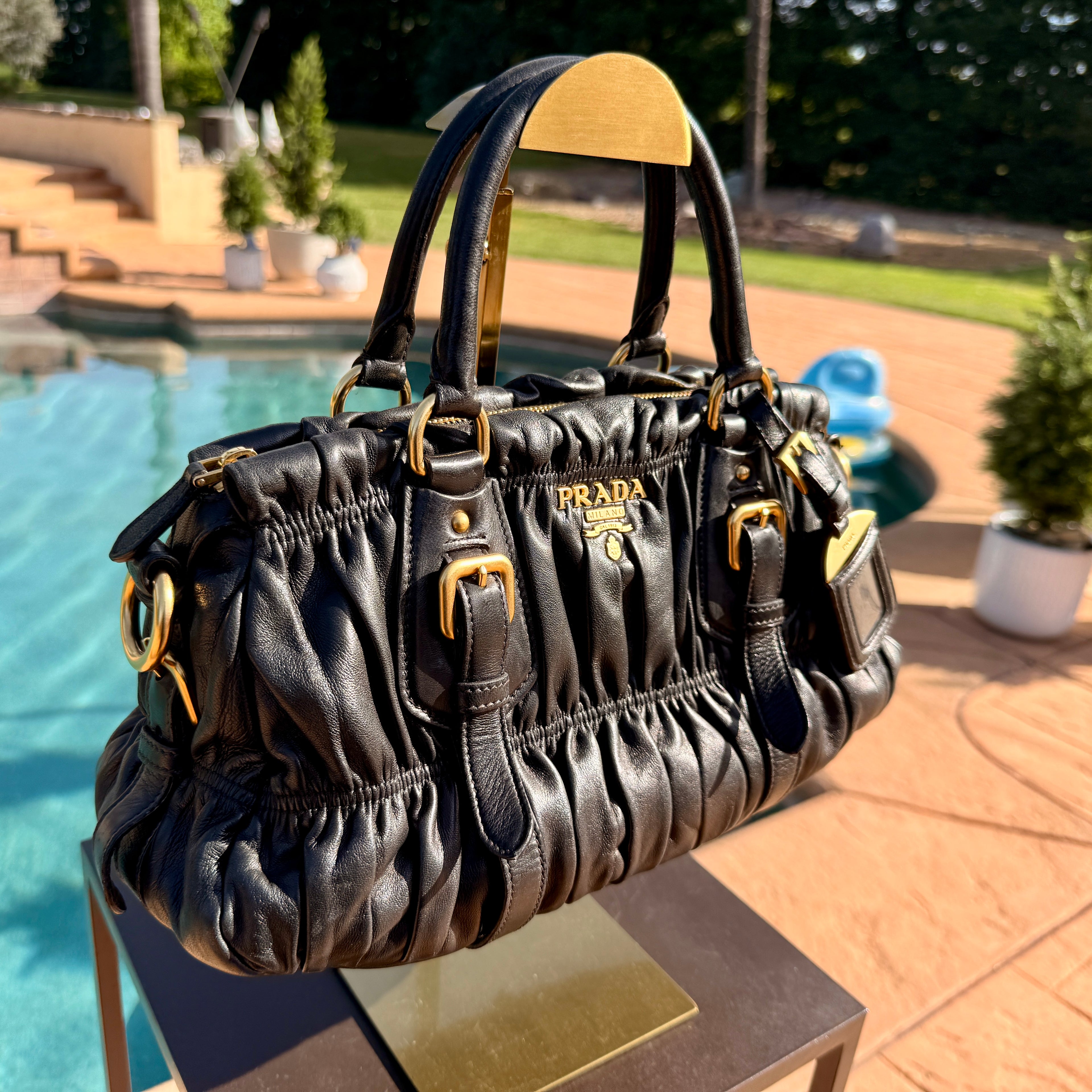 Prada Ruffled Shoulder Bag with Gold Hardware