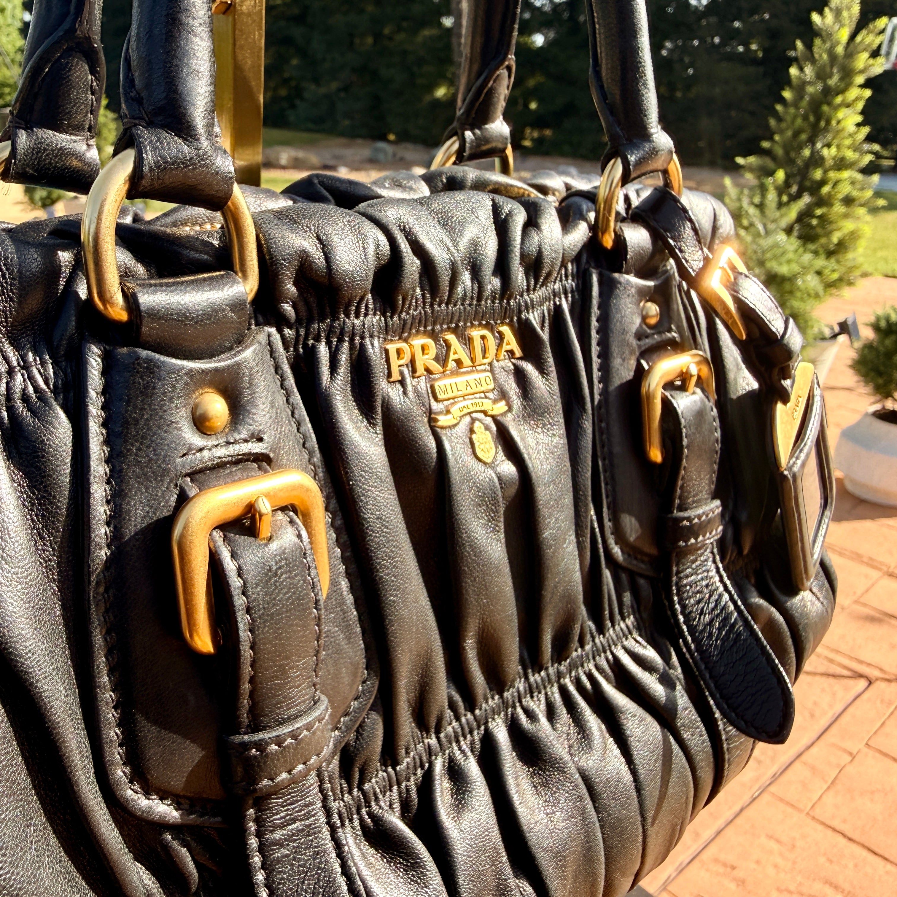 Prada Ruffled Shoulder Bag with Gold Hardware