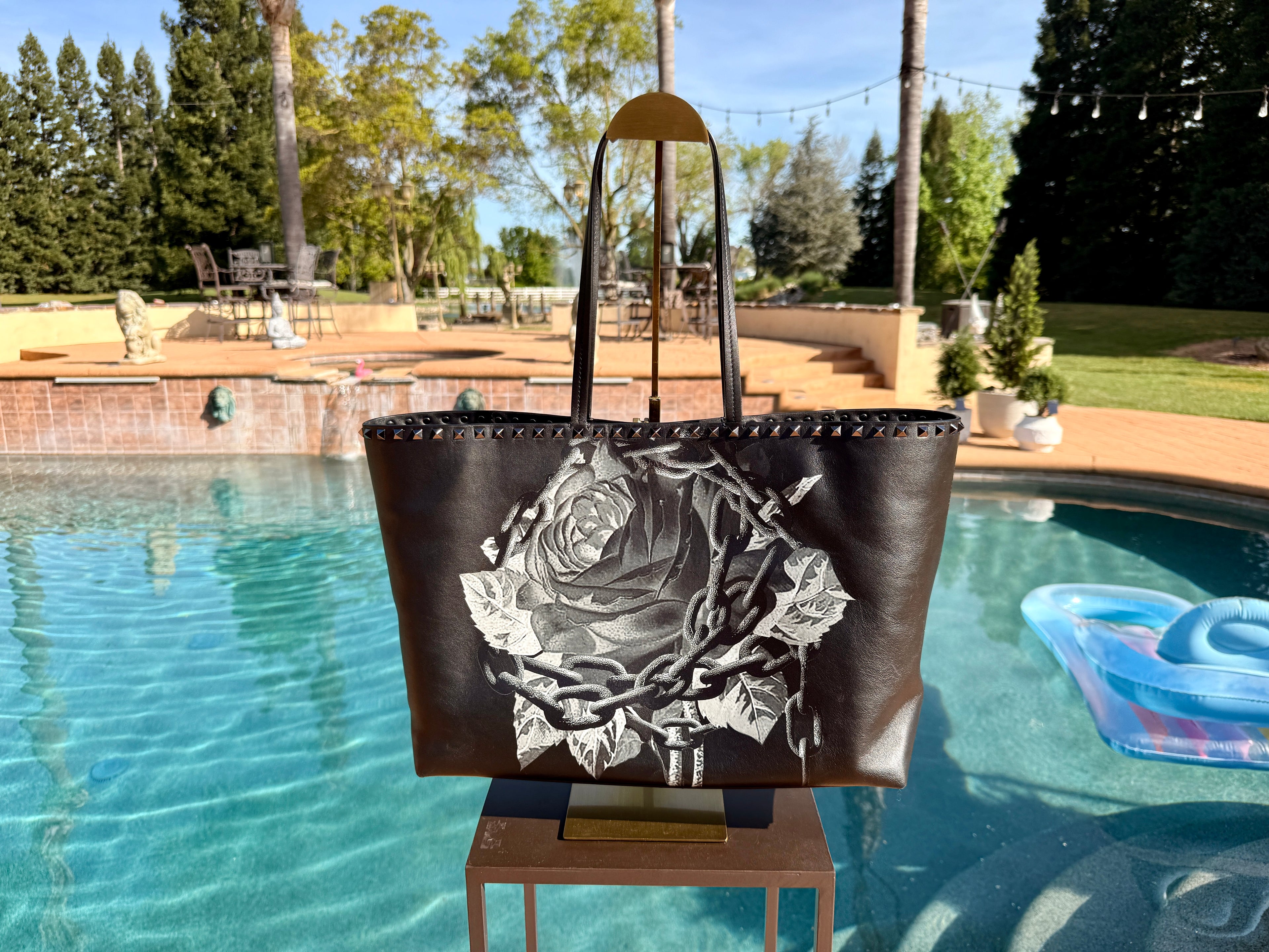 Valentino Rose Painted Studed Tote MM