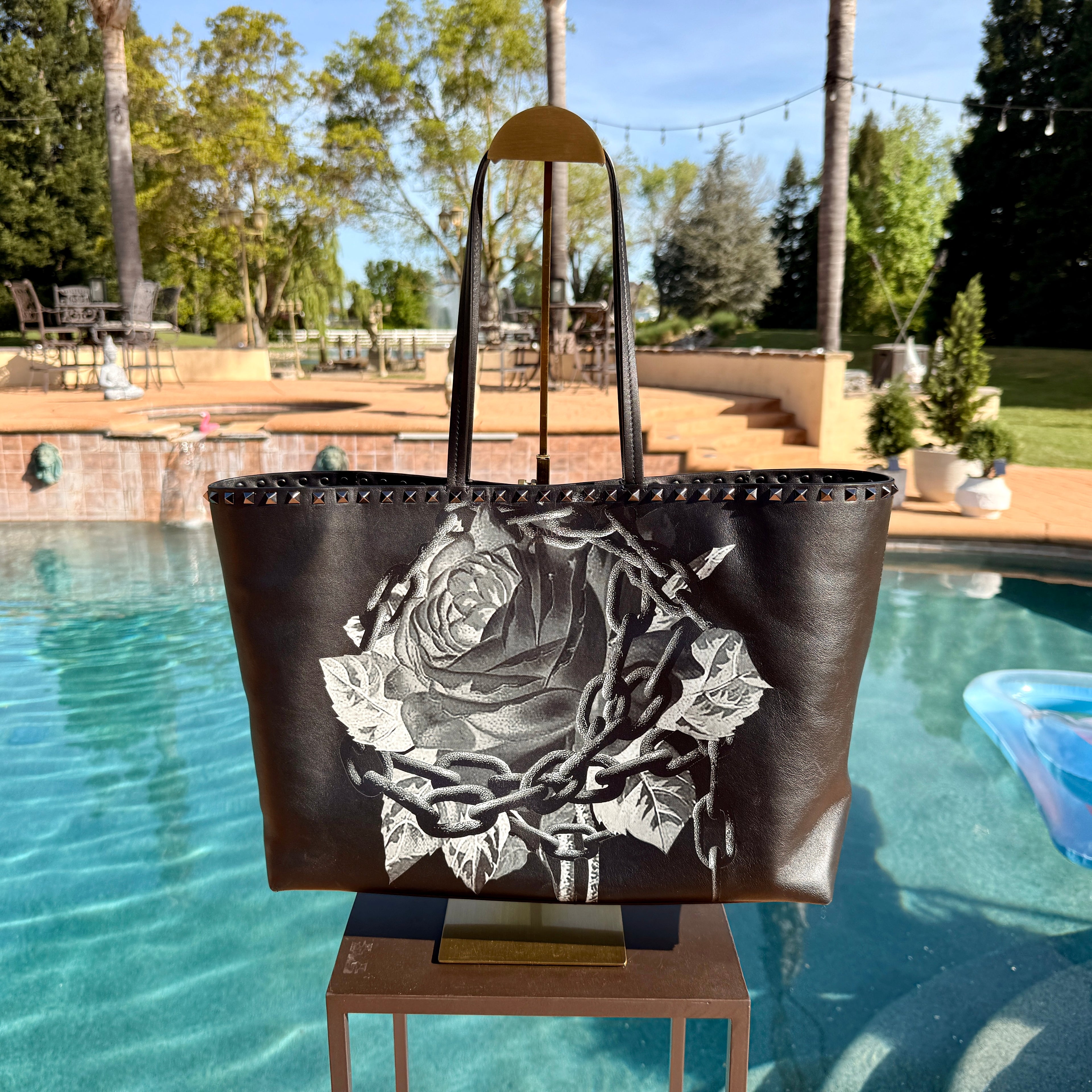 Valentino Rose Painted Studed Tote MM
