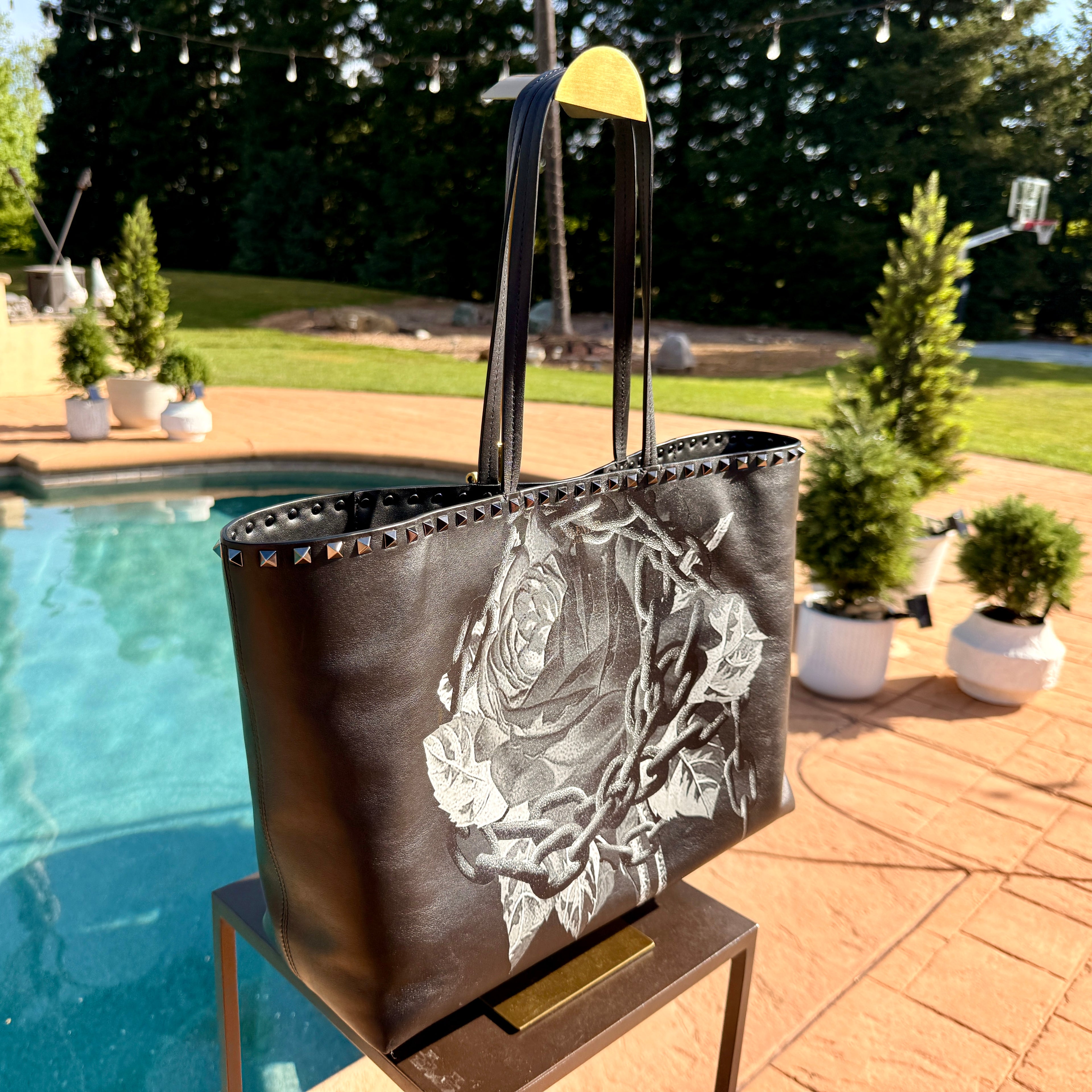 Valentino Rose Painted Studed Tote MM