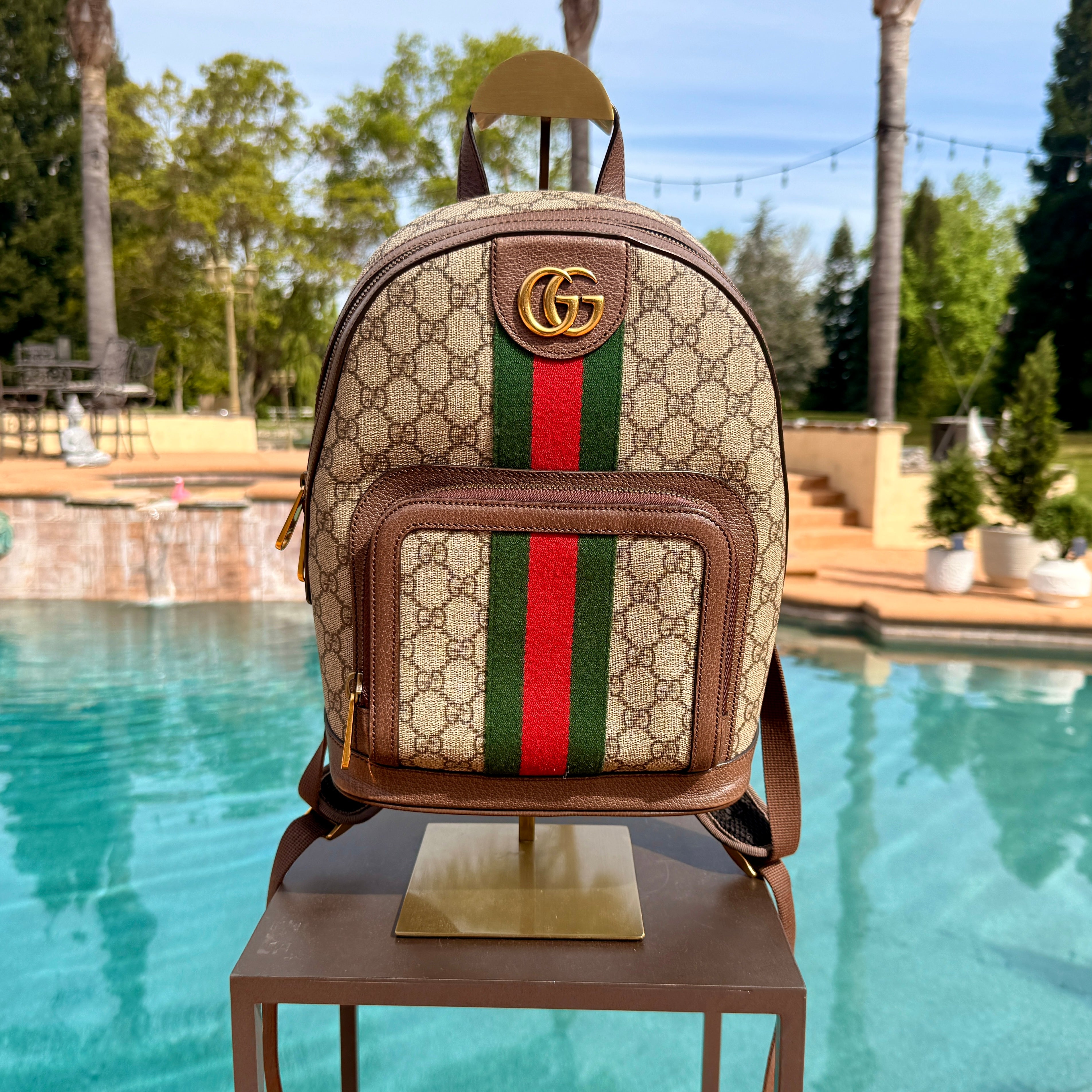 Gucci GG Backpack with Gold Hardware and Red and Green Stripe