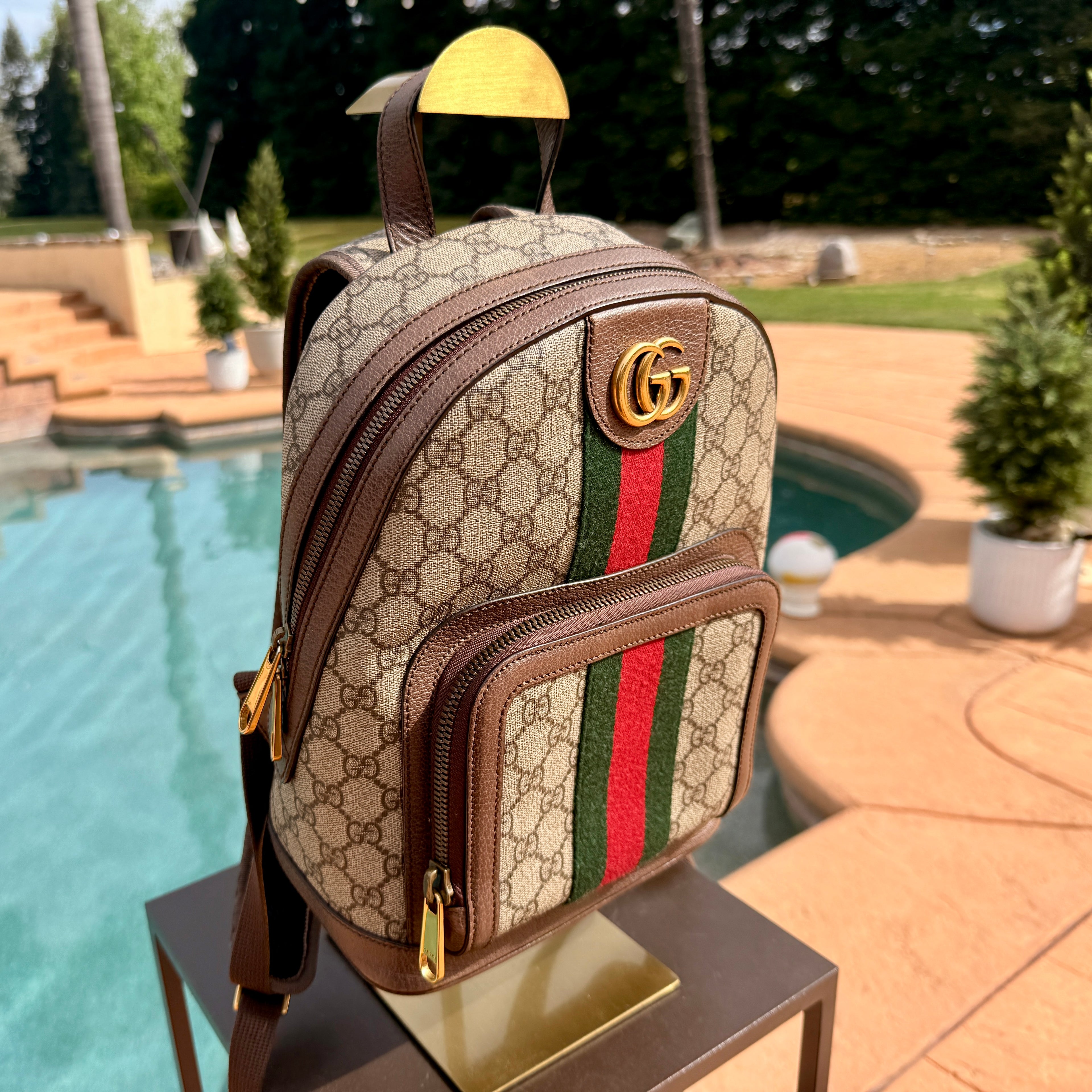 Gucci GG Backpack with Gold Hardware and Red and Green Stripe