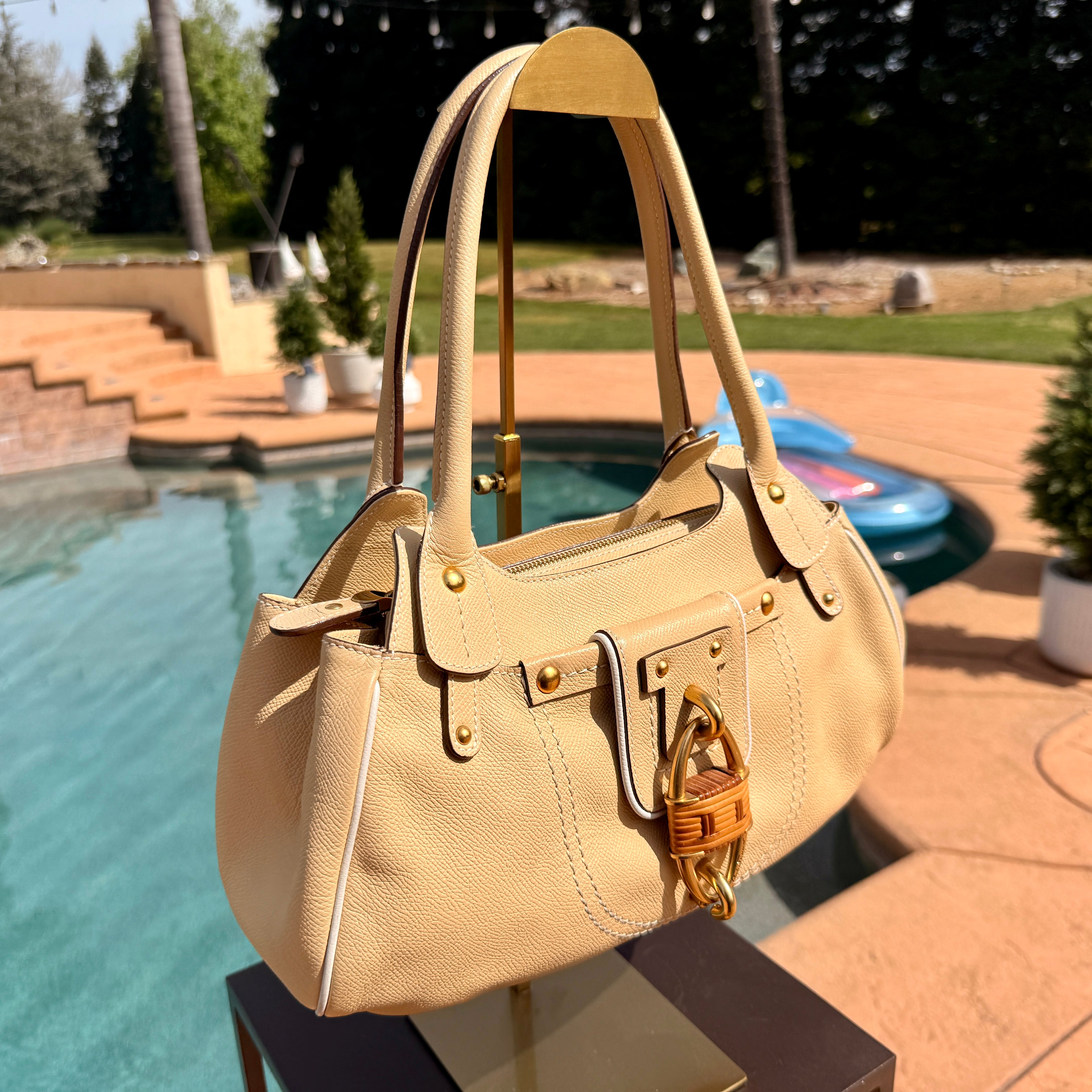 Salvatore Ferragamo Hobo Shoulder Bag with Large Double Lock and Gold Hardware