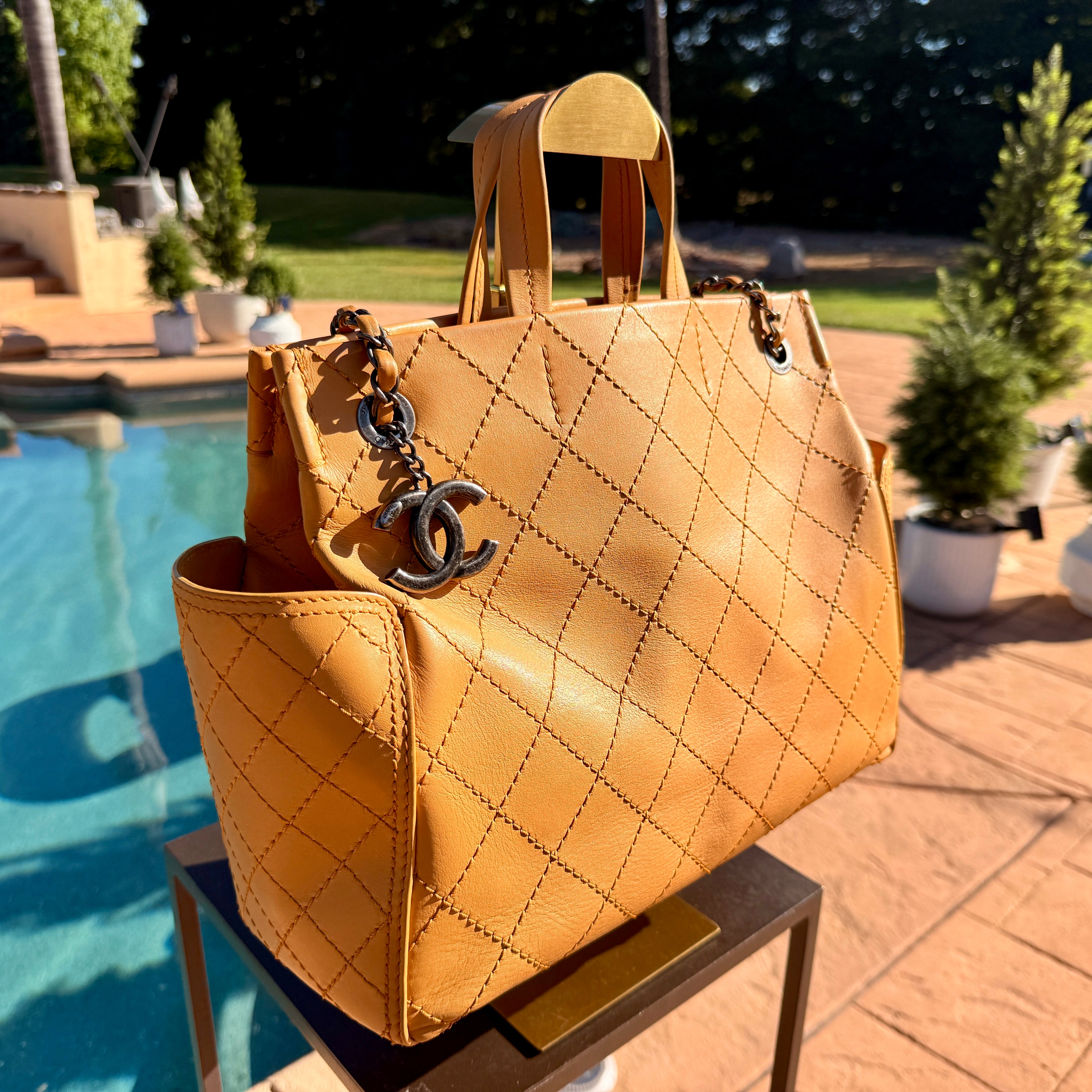 Chanel Quilted Calfskin Leather Stitched CC Pocket Tote Bag