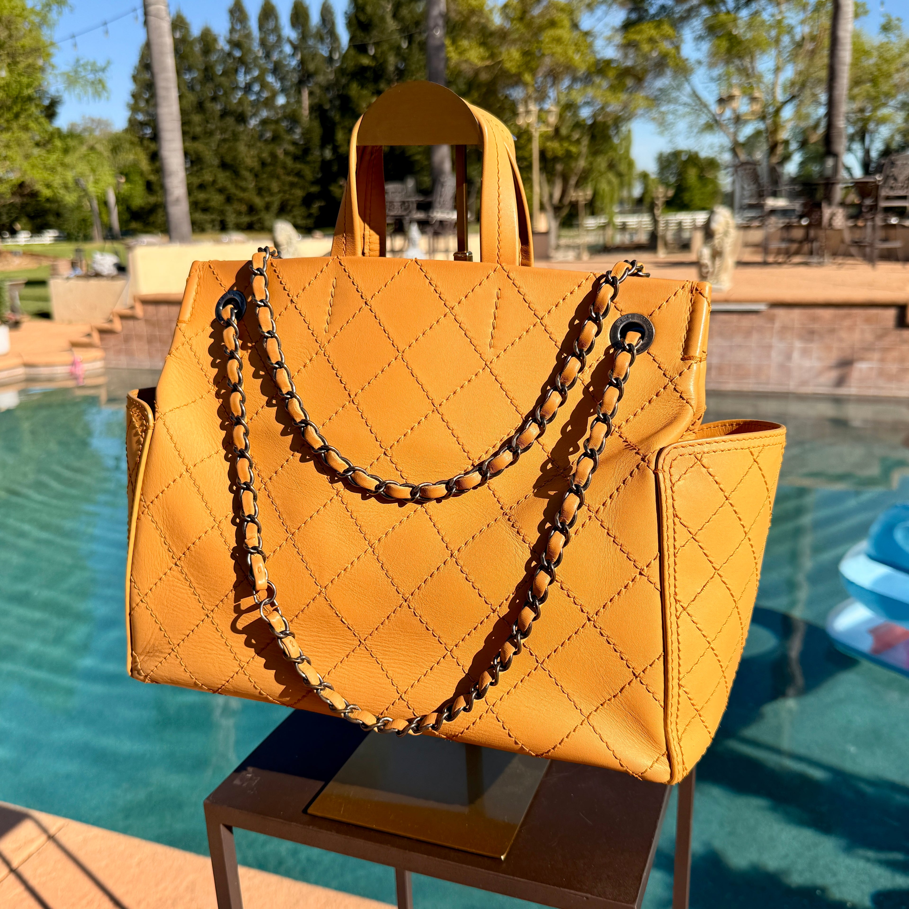 Chanel Quilted Calfskin Leather Stitched CC Pocket Tote Bag